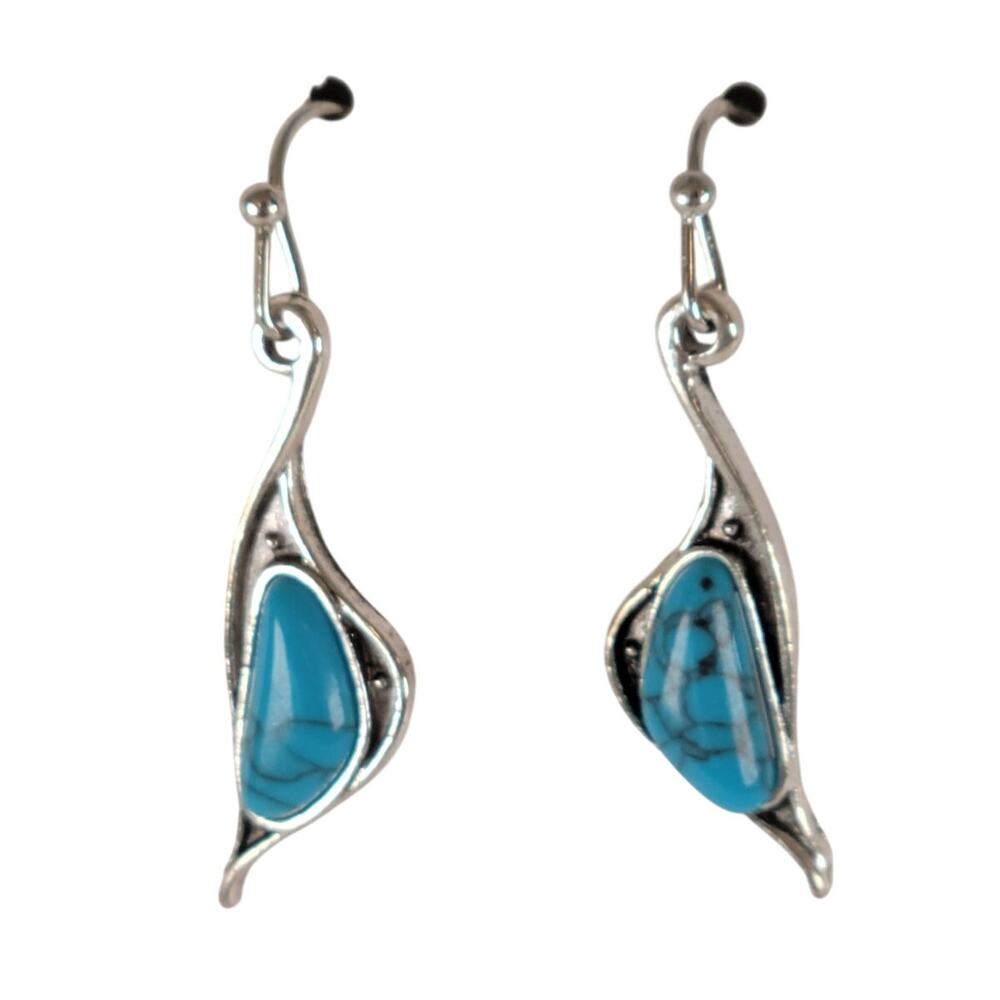 Turquoise Teardrop Dangle Earrings Silver Tone Southwestern Style Jewelry Boho